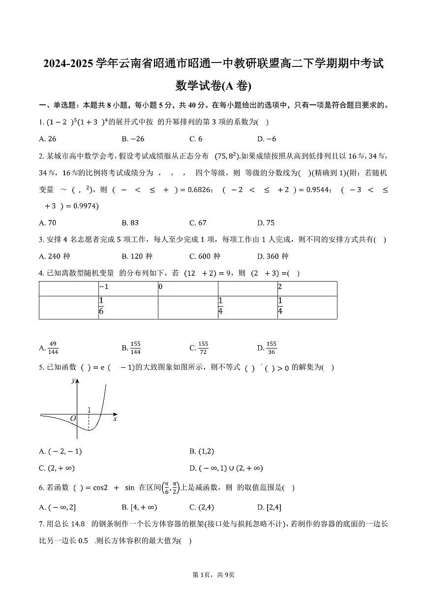 云南省昭通市昭通一中教研联盟2024-2025学年高二(下)期中数学试卷(A卷)(含答案)第1页