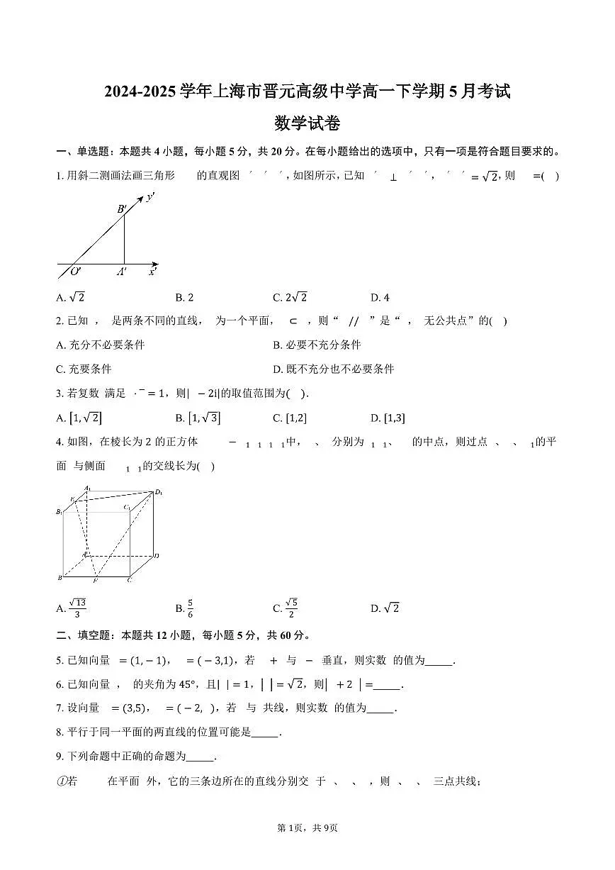 上海市晋元高级中学2024-2025学年高一(下)5月考试数学试卷(含答案)第1页