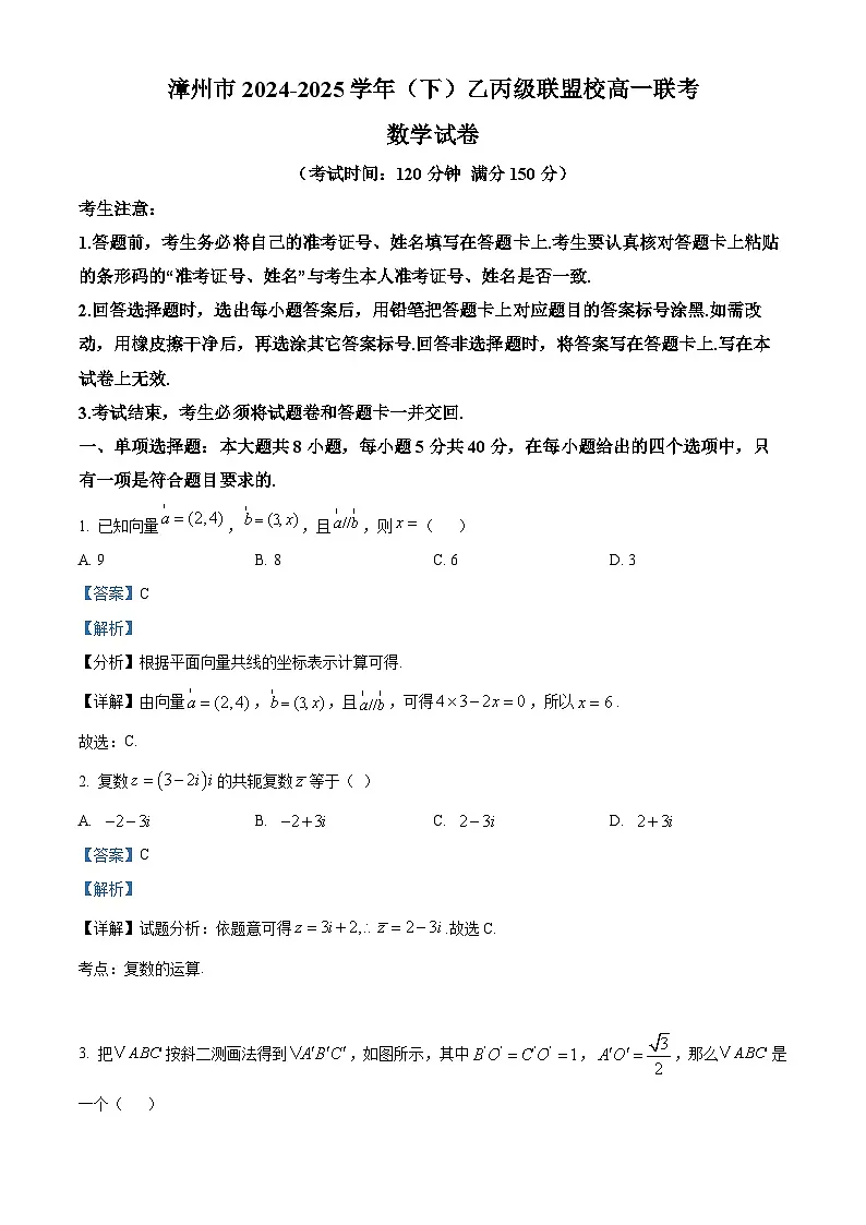 福建省漳州市乙丙级联盟校2024-2025学年高一下学期期中联考数学试题(解析版)第1页