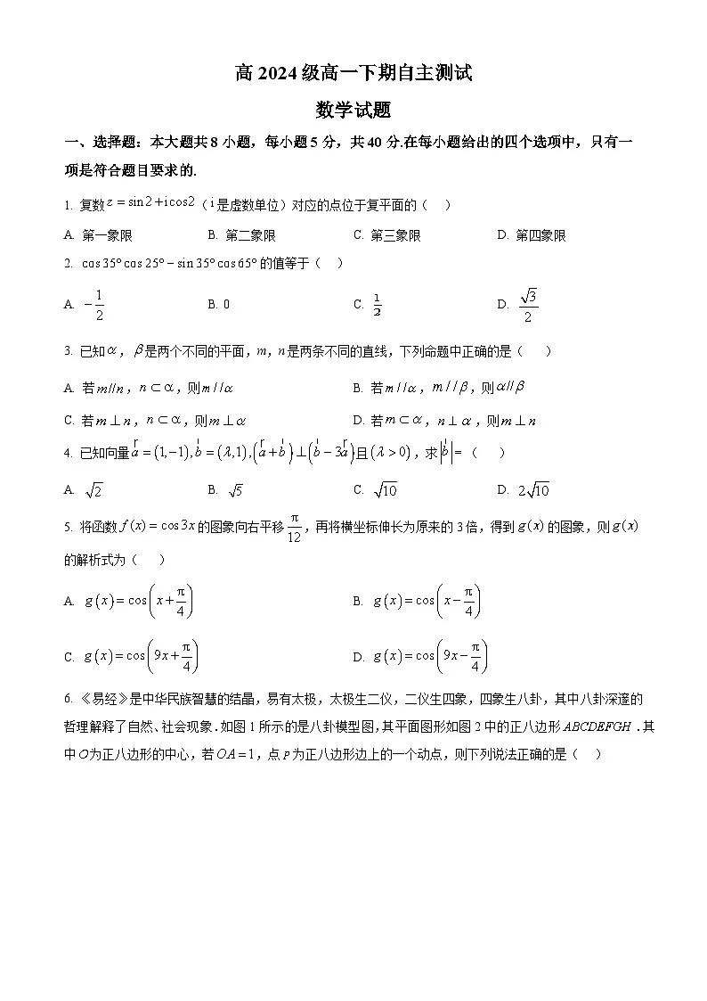 四川省绵阳中学2024-2025学年高一下学期6月自主测试数学试卷第1页