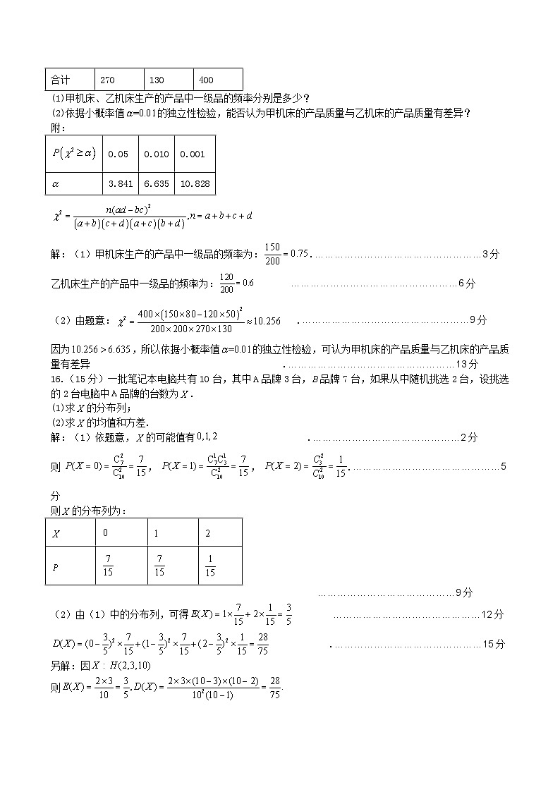 高二数学第二次月考试卷参考答案第3页