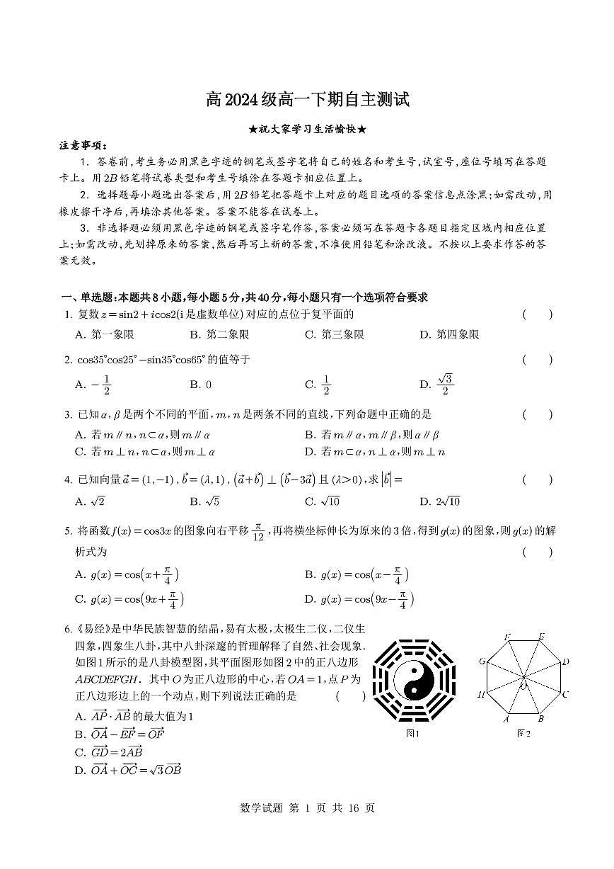 四川绵阳中学2025年高一下学期6月自主测试数学试题(含答案)第1页