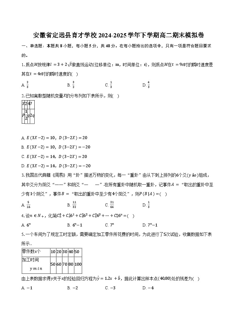 安徽省定远县育才学校2024-2025学年下学期高二期末模拟 数学卷(含解析)第1页