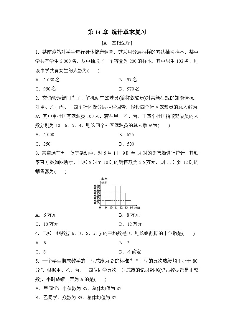 苏教版高一下册数学必修第二册-第14章统计章末复习训练【含答案】第1页