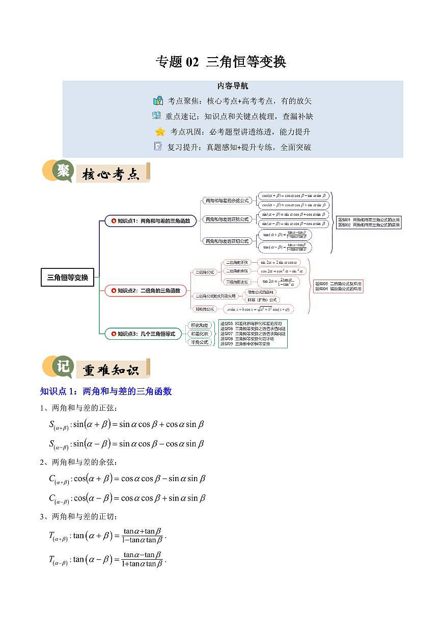 专题02 三角恒等变换(3重点+9题型+复习提升)(解析版)第1页