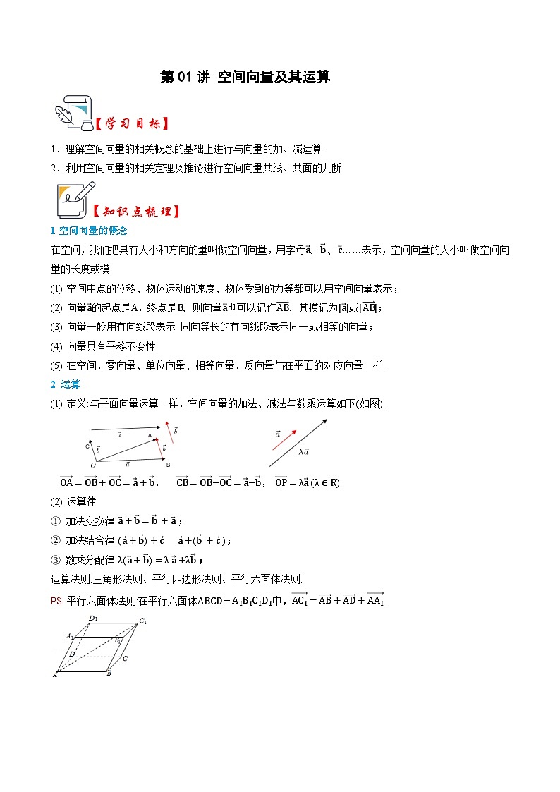 人教A版选择性必修第一册高二数学上册同步题型专练 第01讲 空间向量及其运算(解析版)第1页