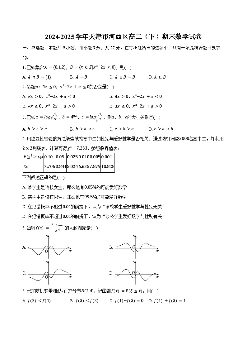 2024-2025学年天津市河西区高二(下)期末数学试卷(含答案)第1页
