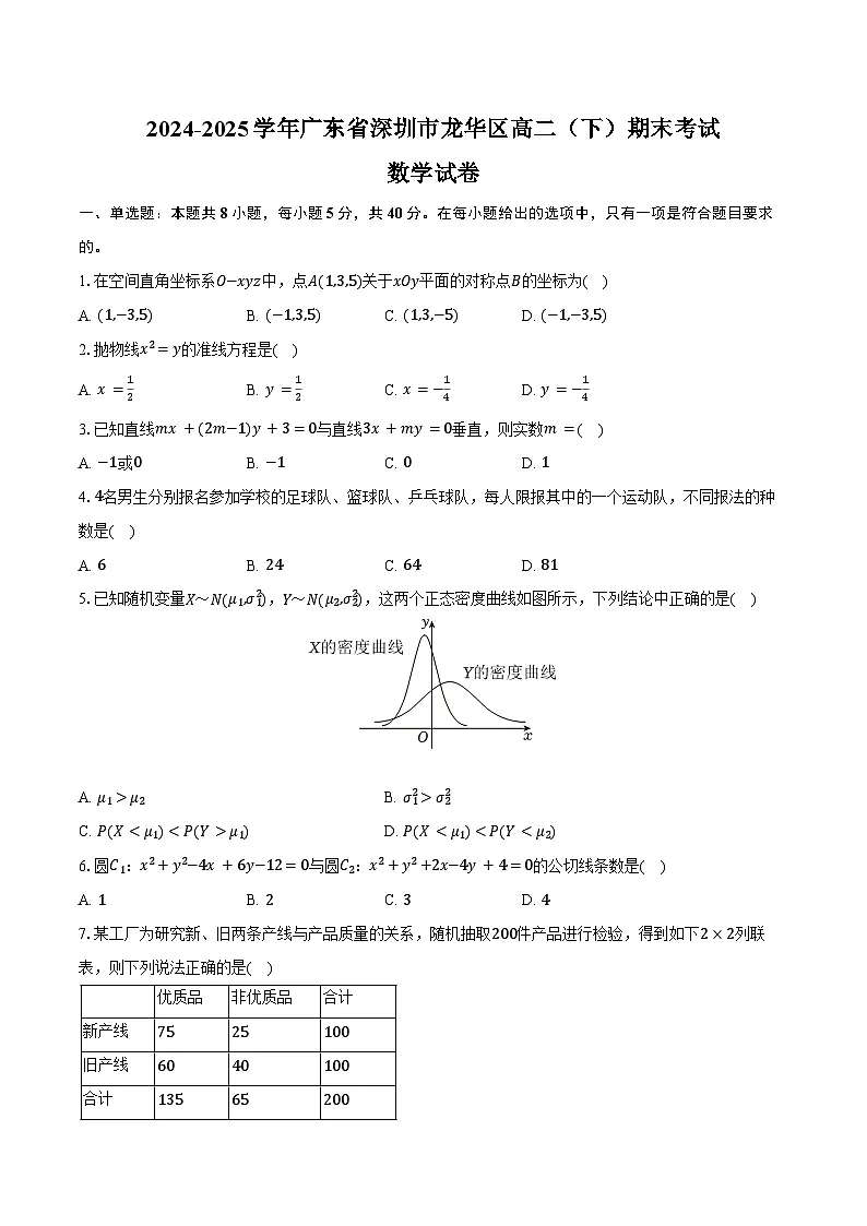 2024-2025学年广东省深圳市龙华区高二(下)期末数学试卷(含答案)第1页