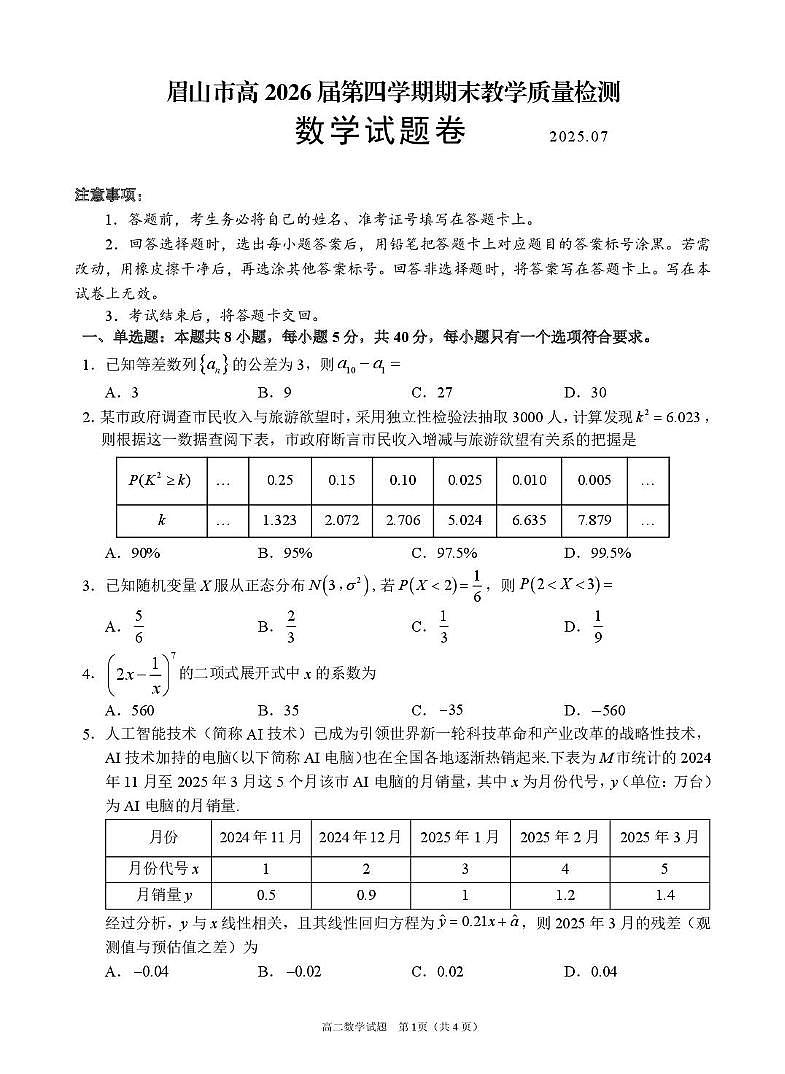 四川省眉山市2025届新高二下学期7月期末教学质量检测-数学试题+答案第1页