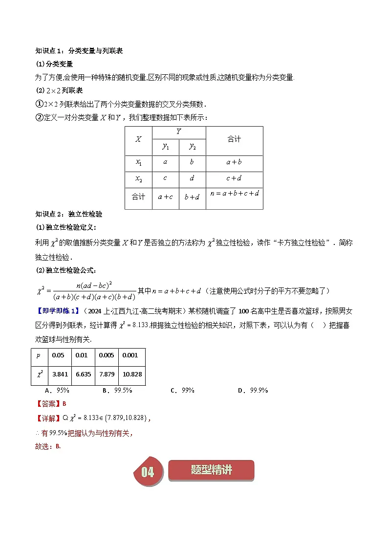 (人教A版数学选择性必修三)讲义第21讲8.3列联表与独立性检验(8.3.1分类变量与列联表+8.3.2独立性检验)(学生版+解析)第2页
