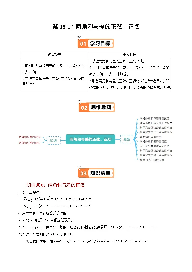 (人教B版)2025秋高中数学必修三同步讲义第16讲两角和与差的正弦、正切(2个知识点+10类热点题型讲练+习题巩固)(学生版+解析)第1页