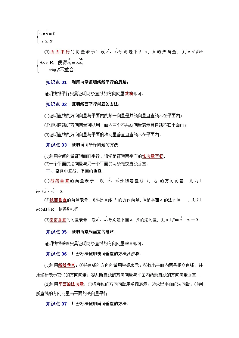 人教A版(2019 )高二数学选择性必修第一册1.4.1用空间向量研究直线、平面的位置关系(思维导图,知识梳理,常见题型)解析版第2页