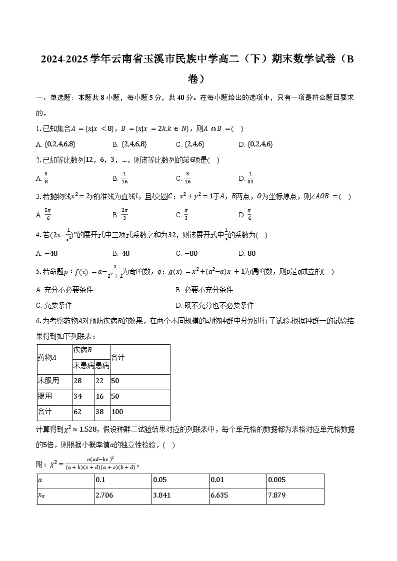 2024-2025学年云南省玉溪市民族中学高二(下)期末数学试卷(B卷)(含解析)第1页