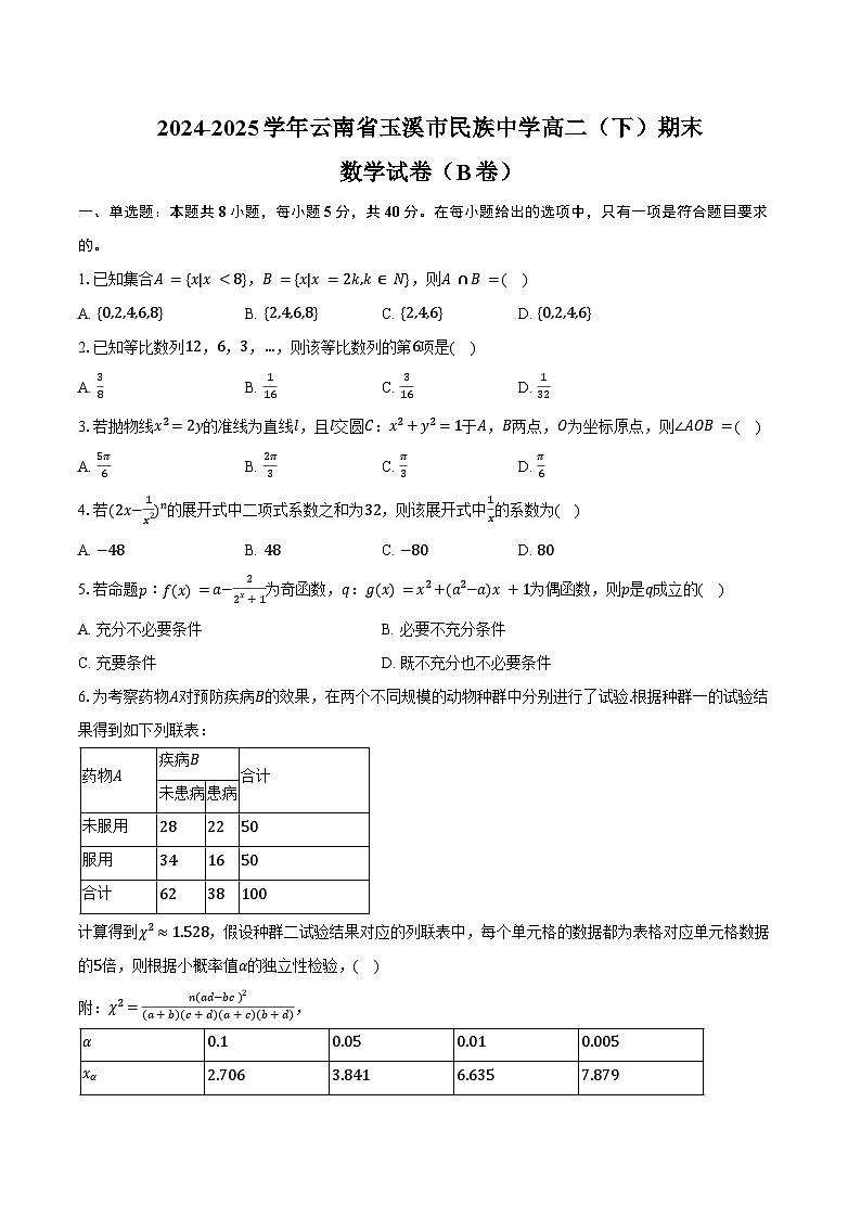 2024-2025学年云南省玉溪市民族中学高二(下)期末数学试卷(B卷)(含答案)第1页