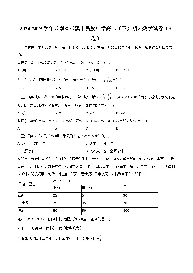 2024-2025学年云南省玉溪市民族中学高二(下)期末数学试卷(A卷)(含答案)第1页