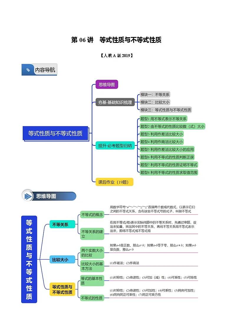 第06讲 等式性质与不等式性质(八大题型+思维导图+知识梳理+课后作业)(人教A版2019必修第一册)(解析版)第1页