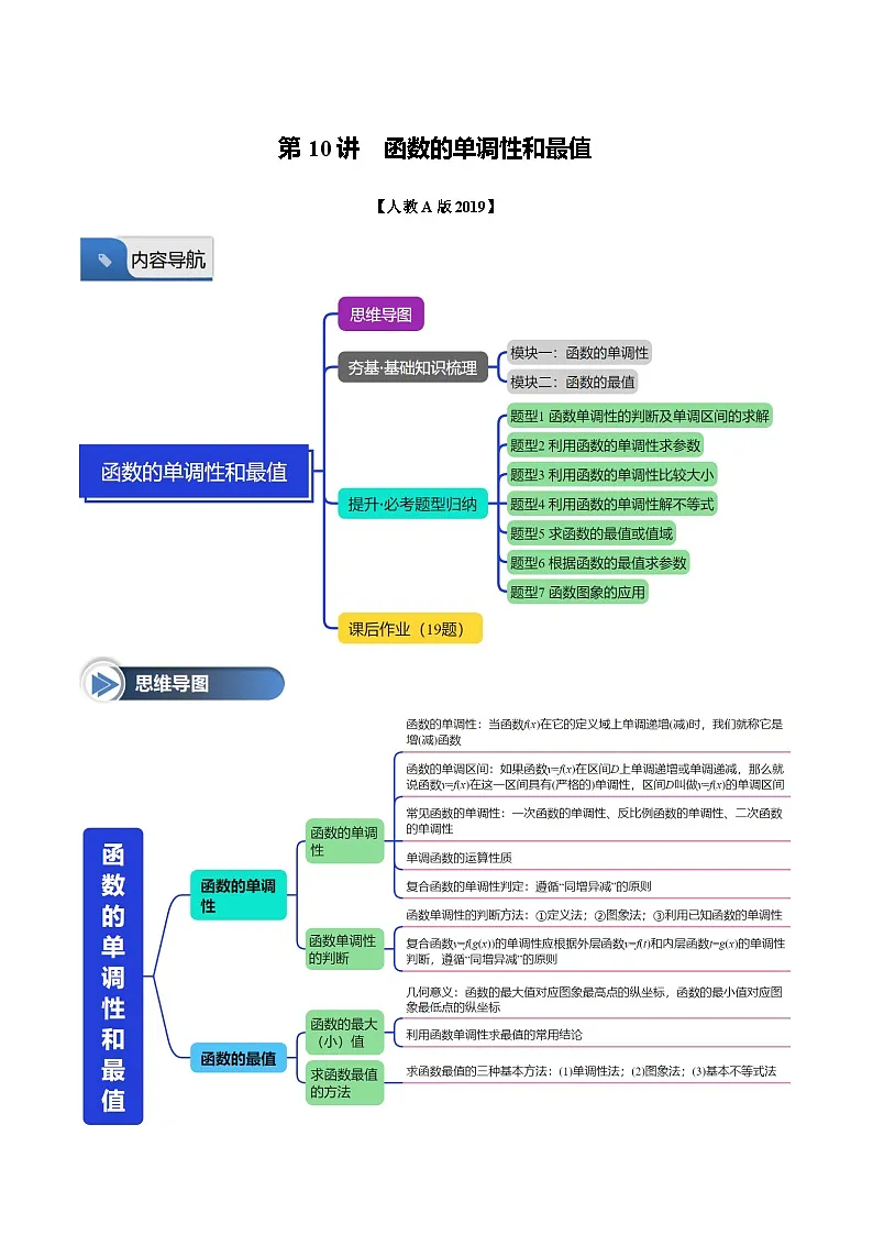 第10讲 函数的单调性和最值(七大题型+思维导图+知识梳理+课后作业)(人教A版2019必修第一册)(原卷版)第1页