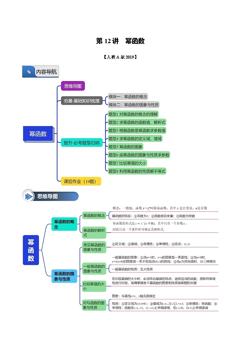 第12讲 幂函数(八大题型+思维导图+知识梳理+课后作业)(人教A版2019必修第一册)(解析版)第1页
