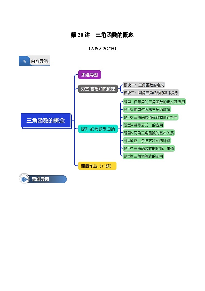 第20讲 三角函数的概念(八大题型+思维导图+知识梳理+课后作业)(人教A版2019必修第一册)(解析版)第1页
