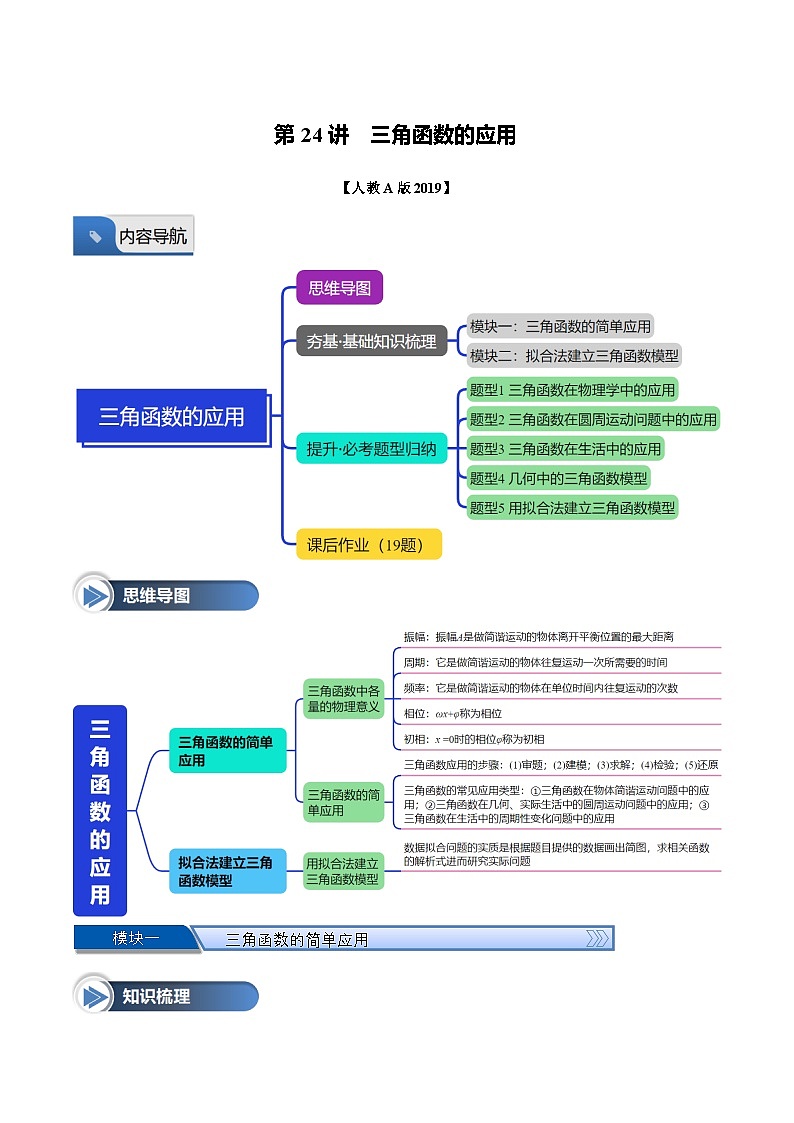 第24讲 三角函数的应用(五大题型+思维导图+知识梳理+课后作业)(人教A版2019必修第一册)(解析版)第1页
