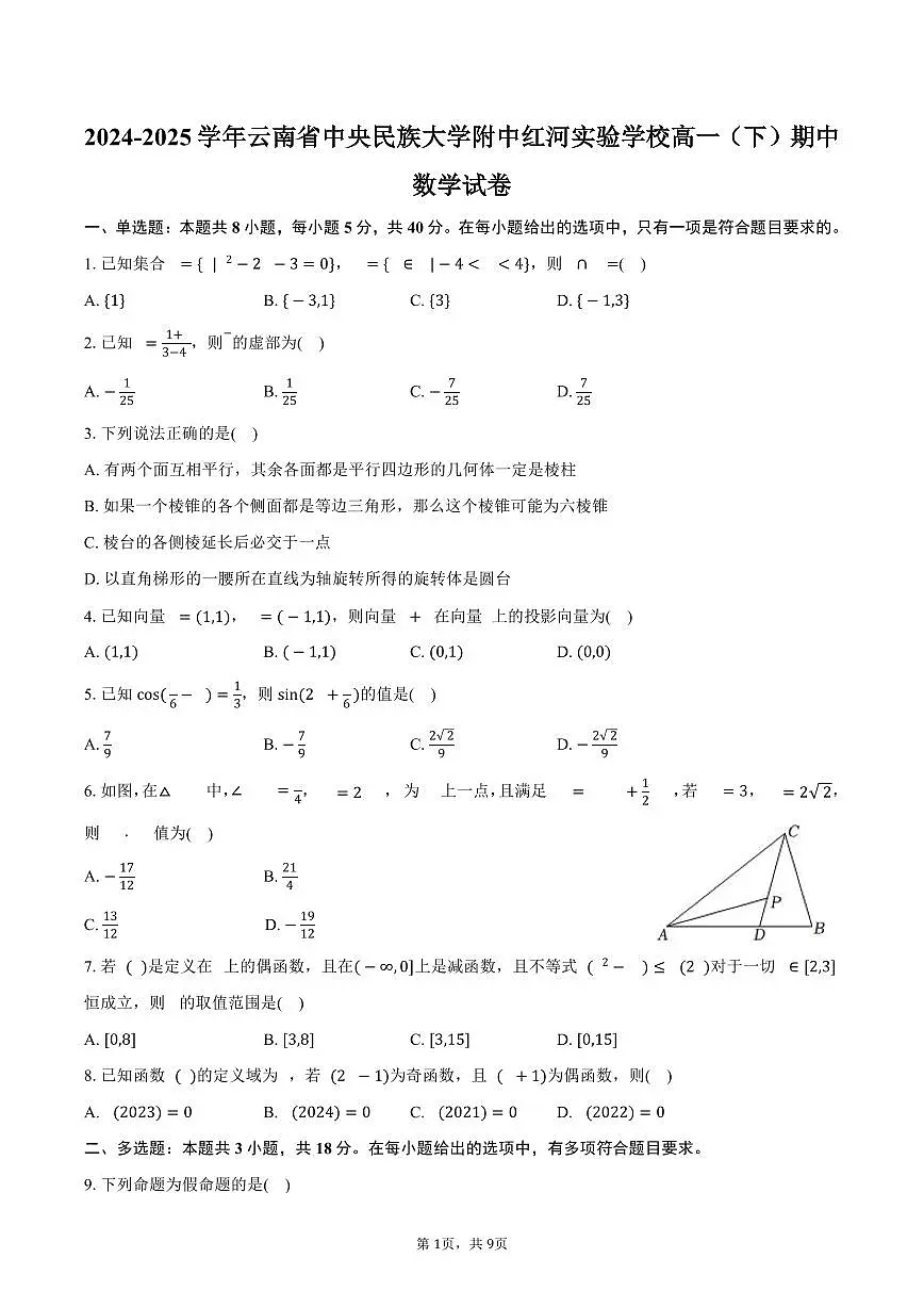 2024-2025学年云南省中央民族大学附中红河实验学校高一(下)期中数学试卷(含答案)第1页