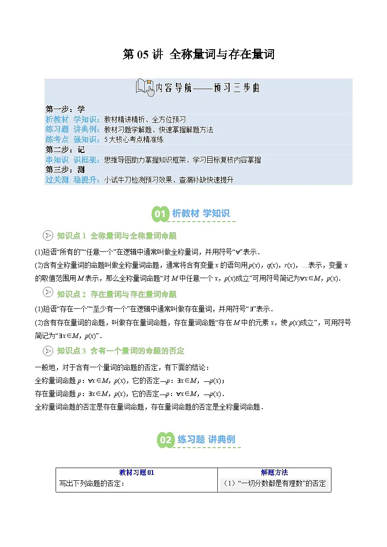 【暑假预习】第05讲 全称量词与存在量词(3个知识点+5个考点+过关测)(教师版)-2025年新高一数学暑假衔接讲练 (人教A版)第1页