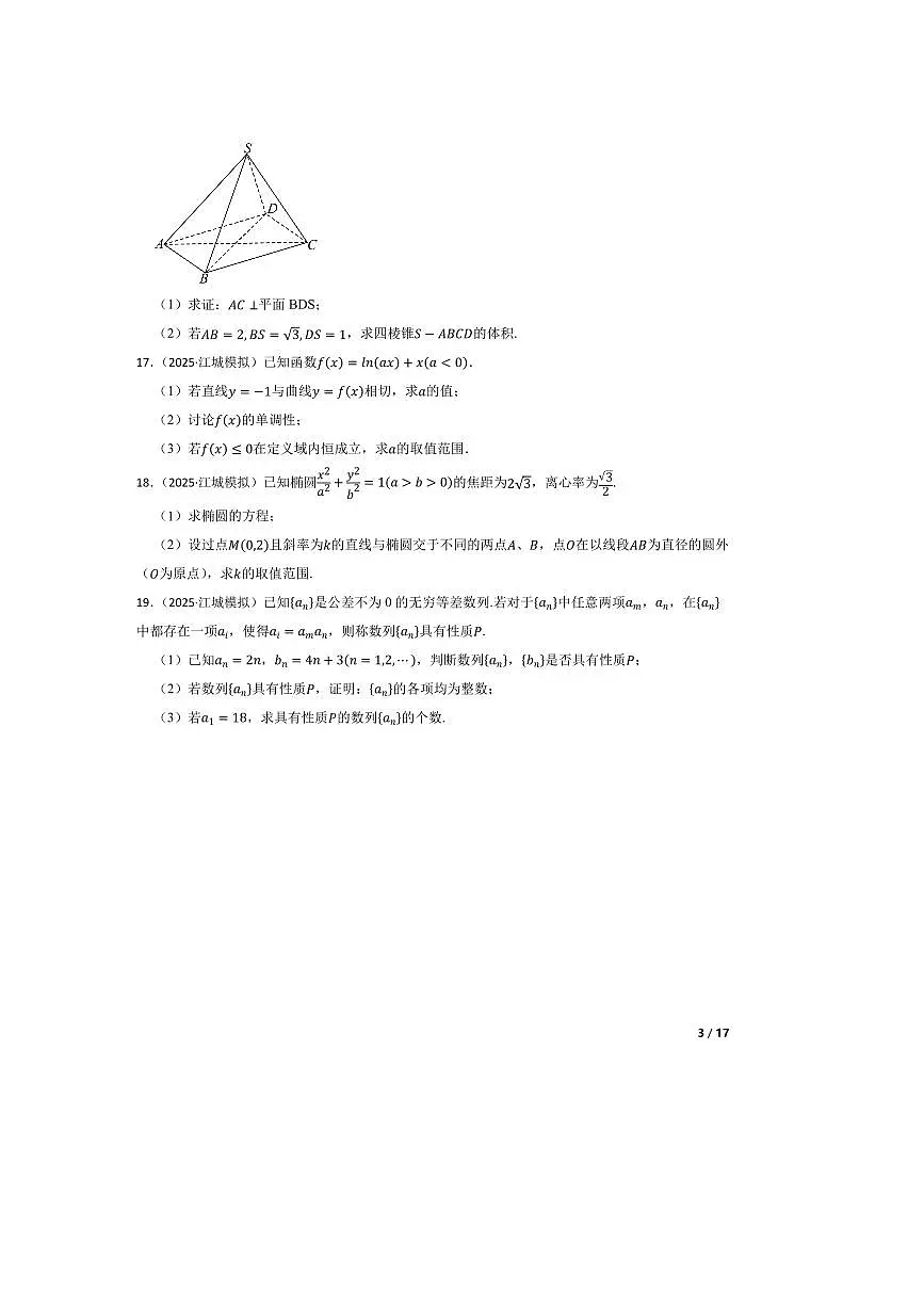 2024~2025学年广东省阳江市第三中学高三下(三)模拟考试数学试卷 有答案第3页
