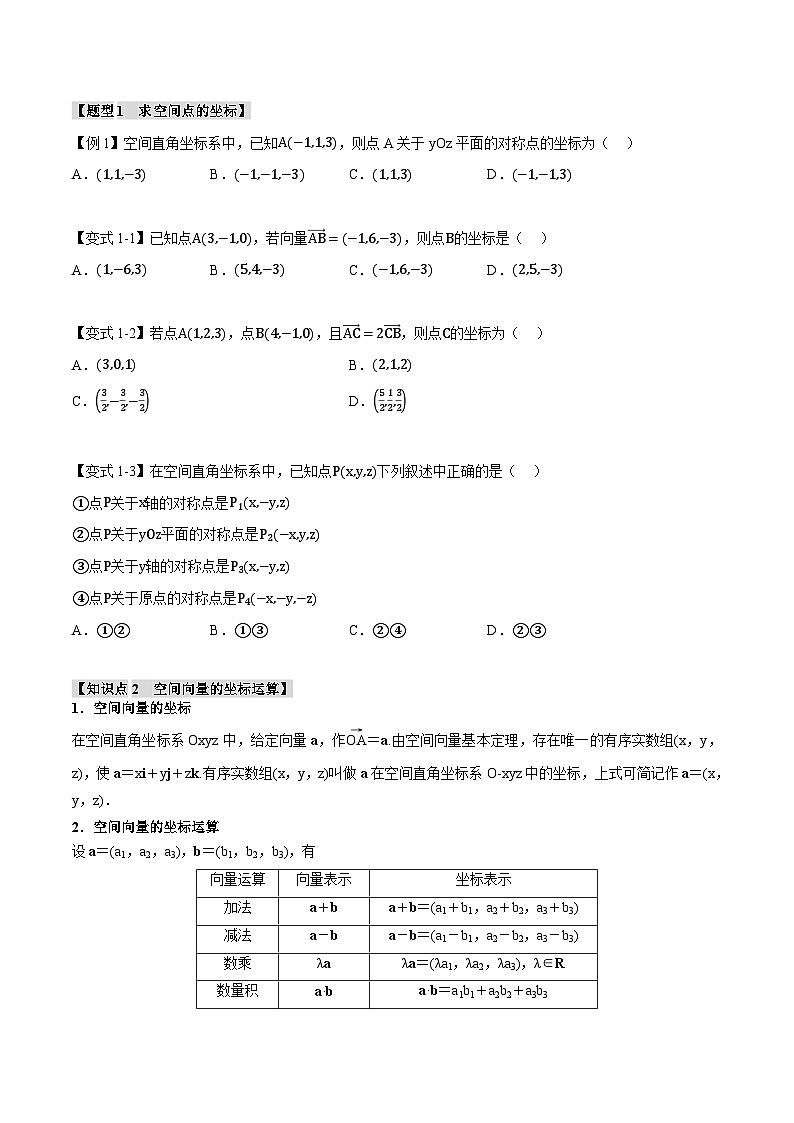 人教A版高中数学高二上册选择性必修第一册同步考点讲与练专题1.4 空间向量及其运算的坐标表示【八大题型】(原卷版)第2页