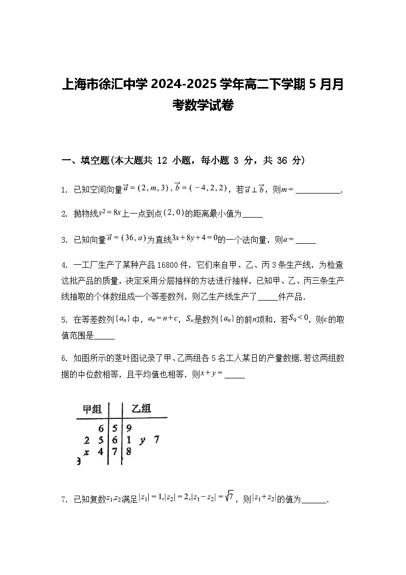上海市徐汇中学2024-2025学年高二下学期5月月考数学试卷(含答案解析)第1页