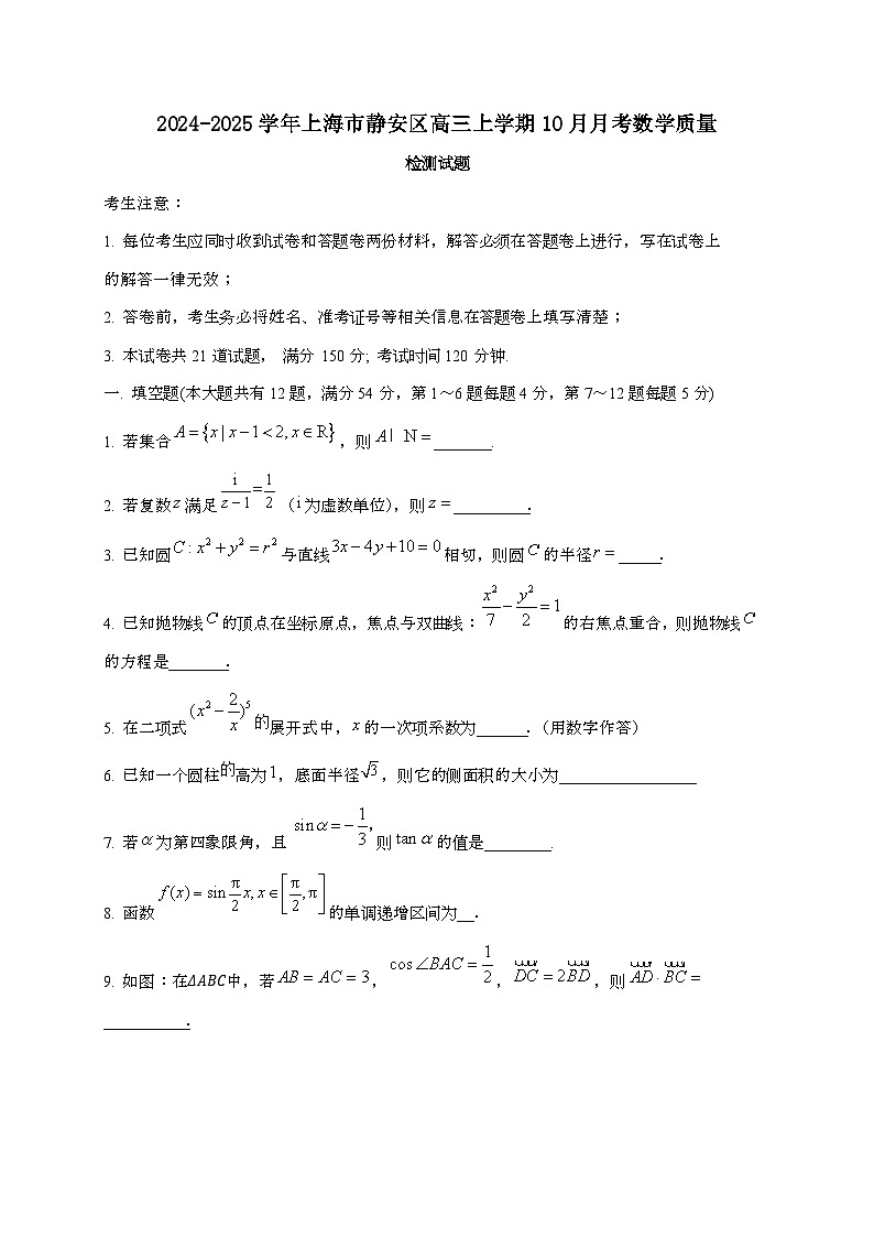 2024_2025学年上海市静安区高三上学期10月月考数学试卷第1页
