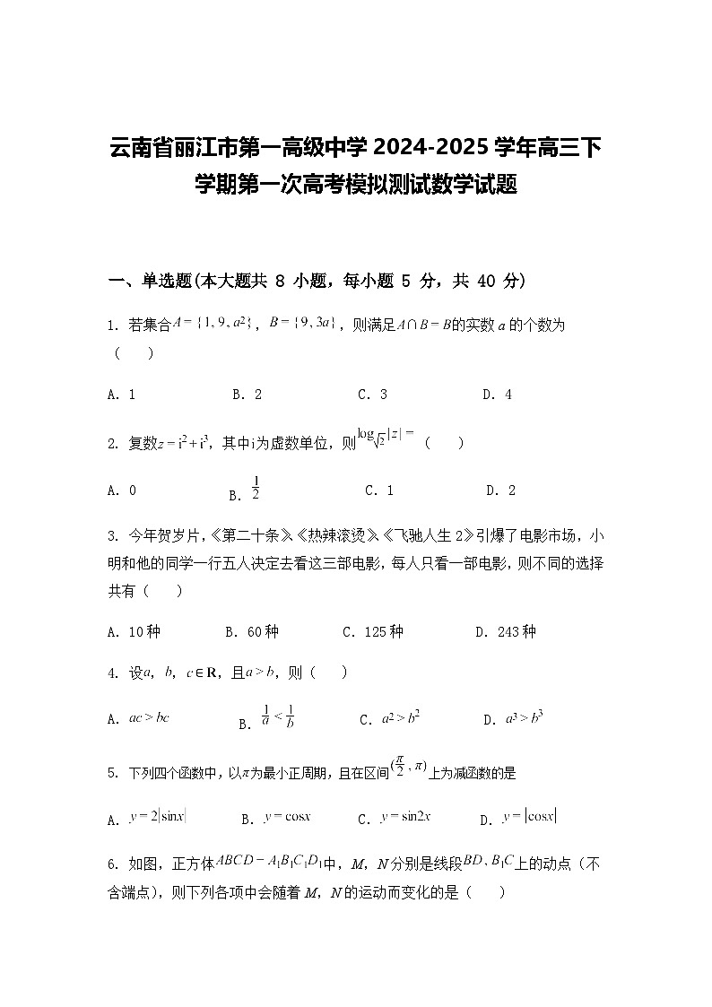 云南省丽江市第一高级中学2024-2025学年高三下学期第一次高考模拟测试数学试题第1页