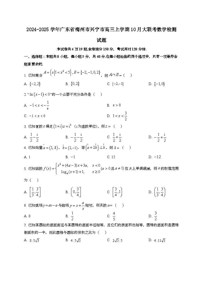 2024~2025学年广东省梅州市兴宁市高三上册10月大联考数学试卷第1页