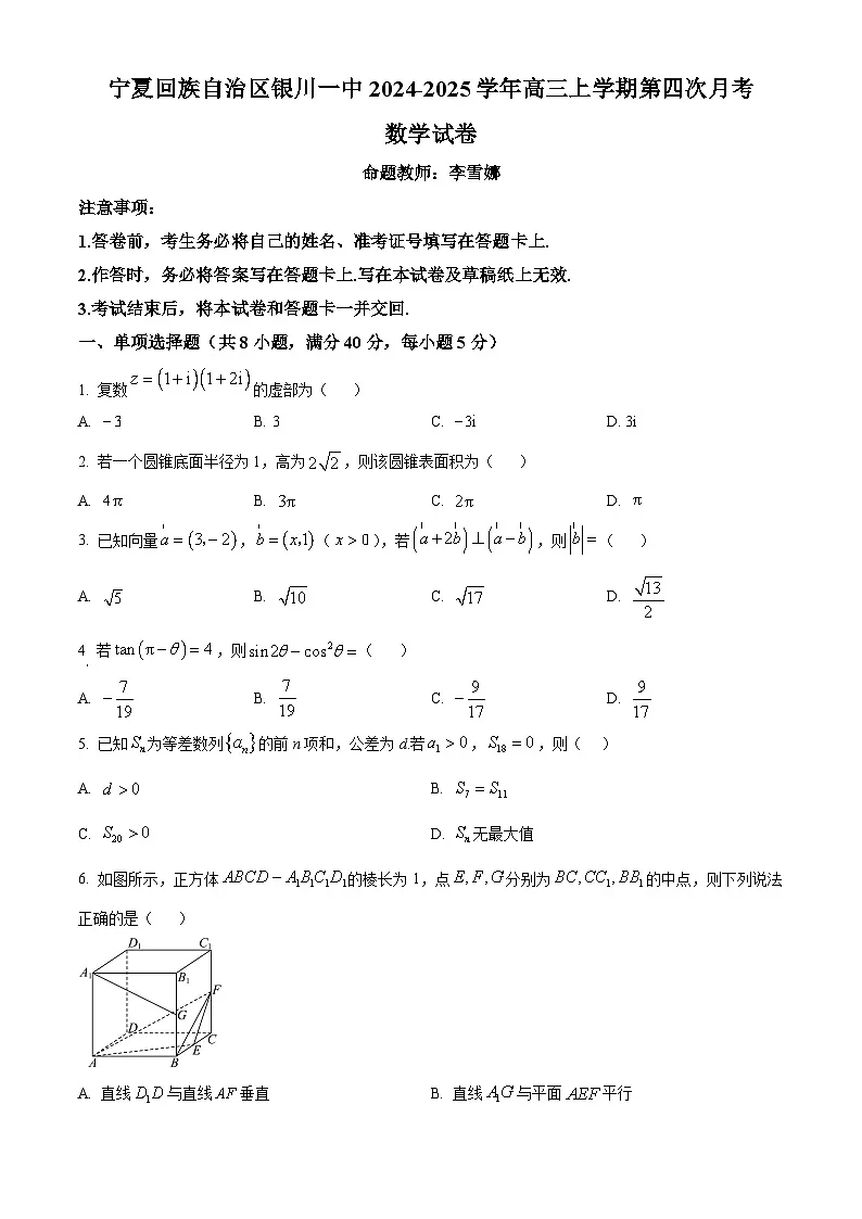 宁夏银川一中2025届高三上学期第四次月考数学试卷第1页
