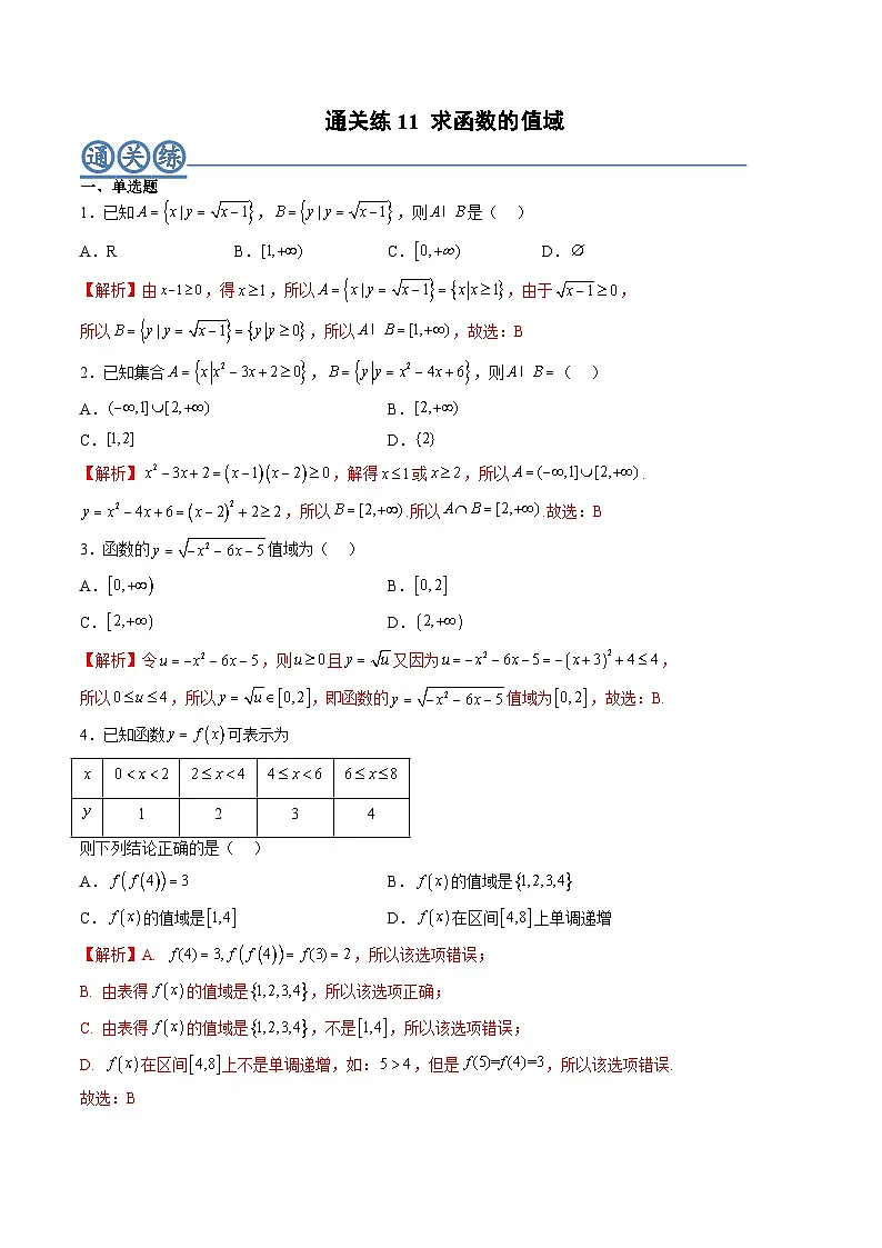(人教A版)必修一高一数学上册同步重点通关练习卷11 求函数的值域(解析版)第1页