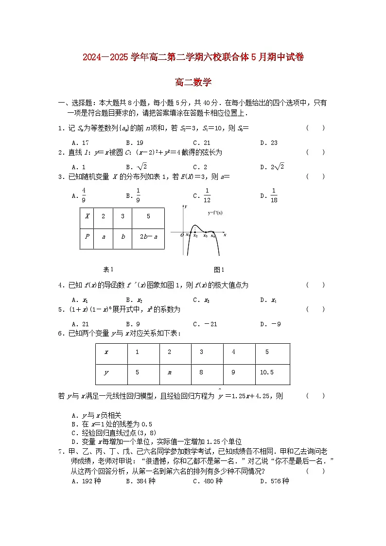 江苏省南京市2024_2025学年高二数学下学期5月期中测试第1页