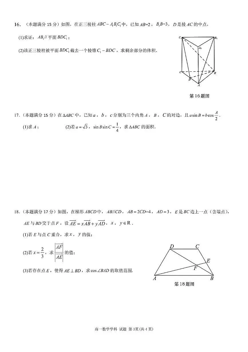 浙江省丽水市发展共同体2024-2025学年高一下学期4月期中联考数学试卷(含答案)第3页