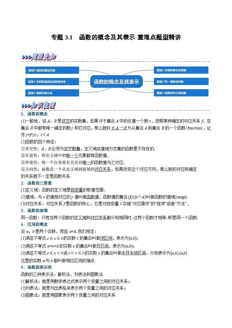 (人教A版)必修一高一数学上册同步题型讲与练专题3.1 函数的概念及其表示(原卷版)第1页