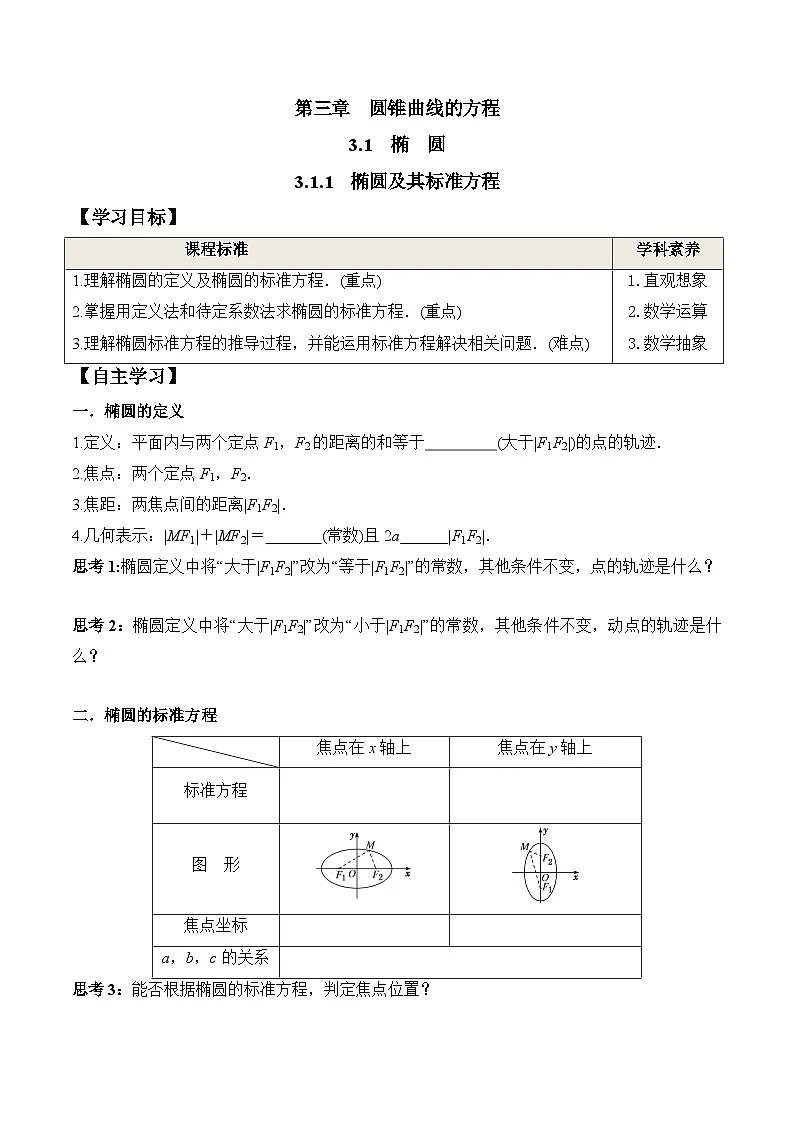 (人教A版)选择性必修一高二数学上册同步学案+分层练习3.1.1 椭圆及其标准方程(答案版)第1页