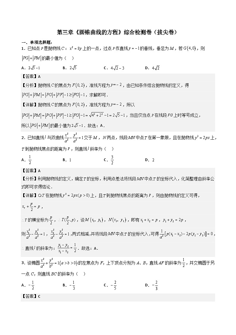 (人教A版)选择性必修一高二数学上册 第三章《圆锥曲线的方程》综合检测卷(拔尖卷)(解析版)第1页