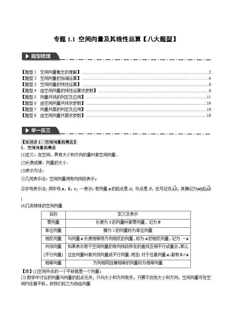 (人教A版)选择性必修一高二数学上册同步题型讲与练专题1.1 空间向量及其线性运算【八大题型】(原卷版)第1页