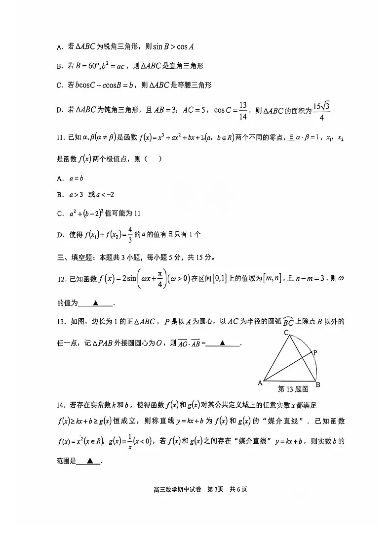 2025届江苏省苏州市高三下学期11月期中调研考-数学试卷(含答案)第3页