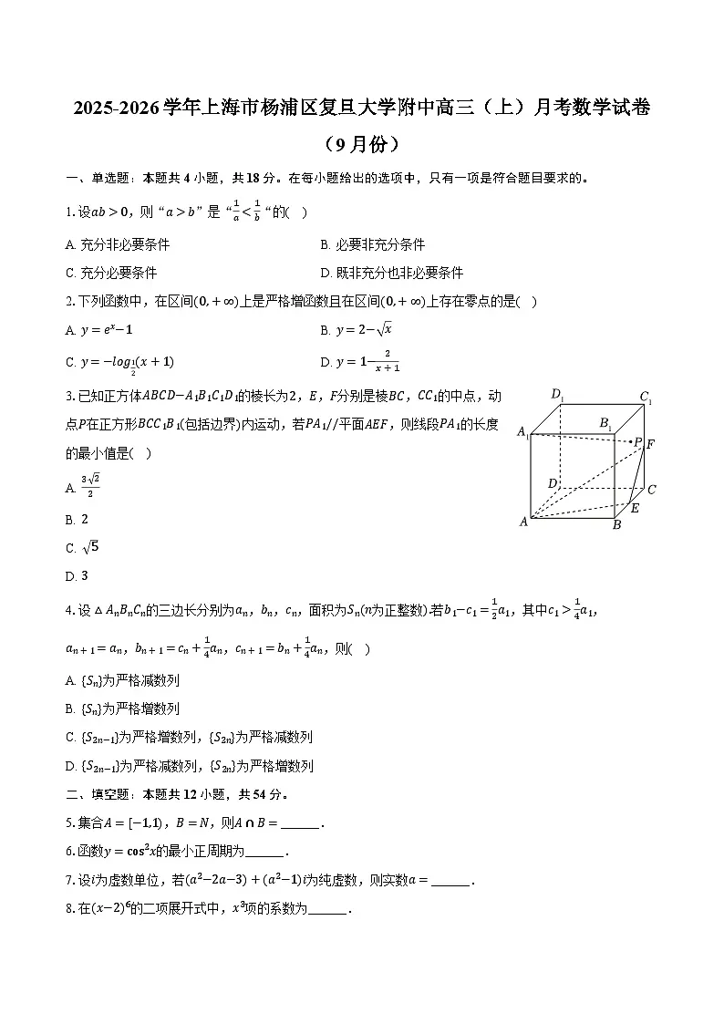 2025-2026学年上海市杨浦区复旦大学附中高三(上)月考数学试卷(9月份)(含答案)第1页