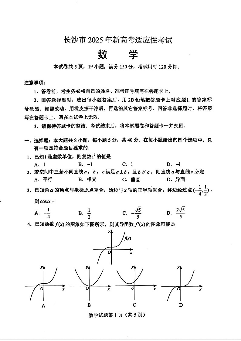 湖南省长沙市2025年新高考适应性一模考试-数学试卷(含答案)第1页