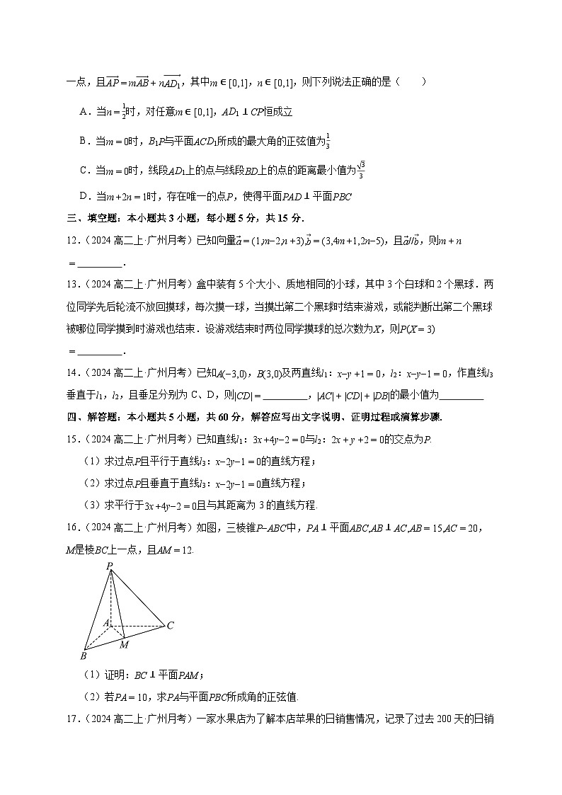 广东省广州市黄广牛剑高级中学2024-2025学年高二上学期10月联考数学试卷(含解析)第3页