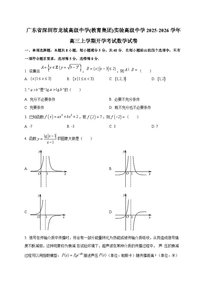 广东省深圳市龙城高级中学(教育集团)实验高级中学2025~2026学年高三上学期开学考试数学试卷第1页