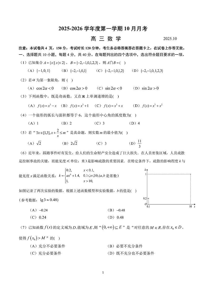 2025北京八一学校高三上10月月考数学(教师版)第1页