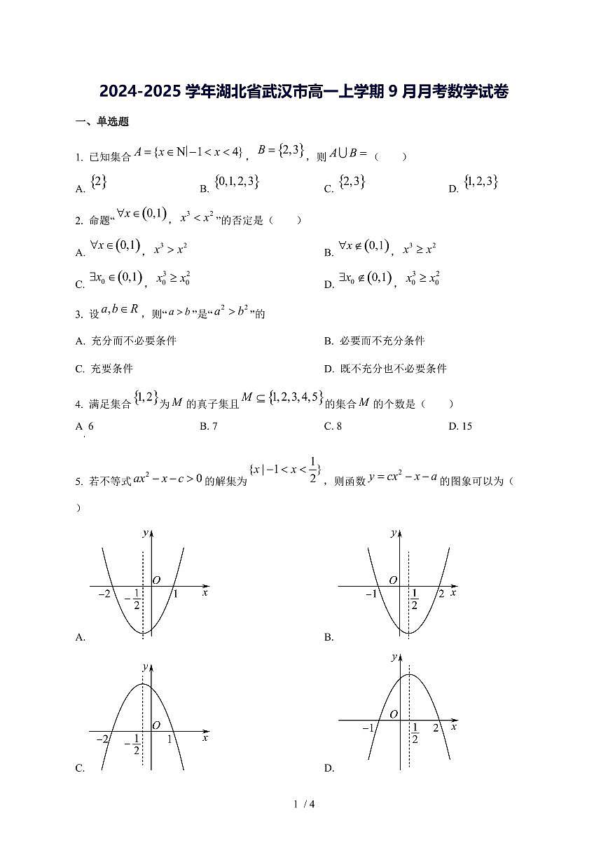 2024^2025学年湖北省武汉市高一(上)9月月考数学试卷第1页