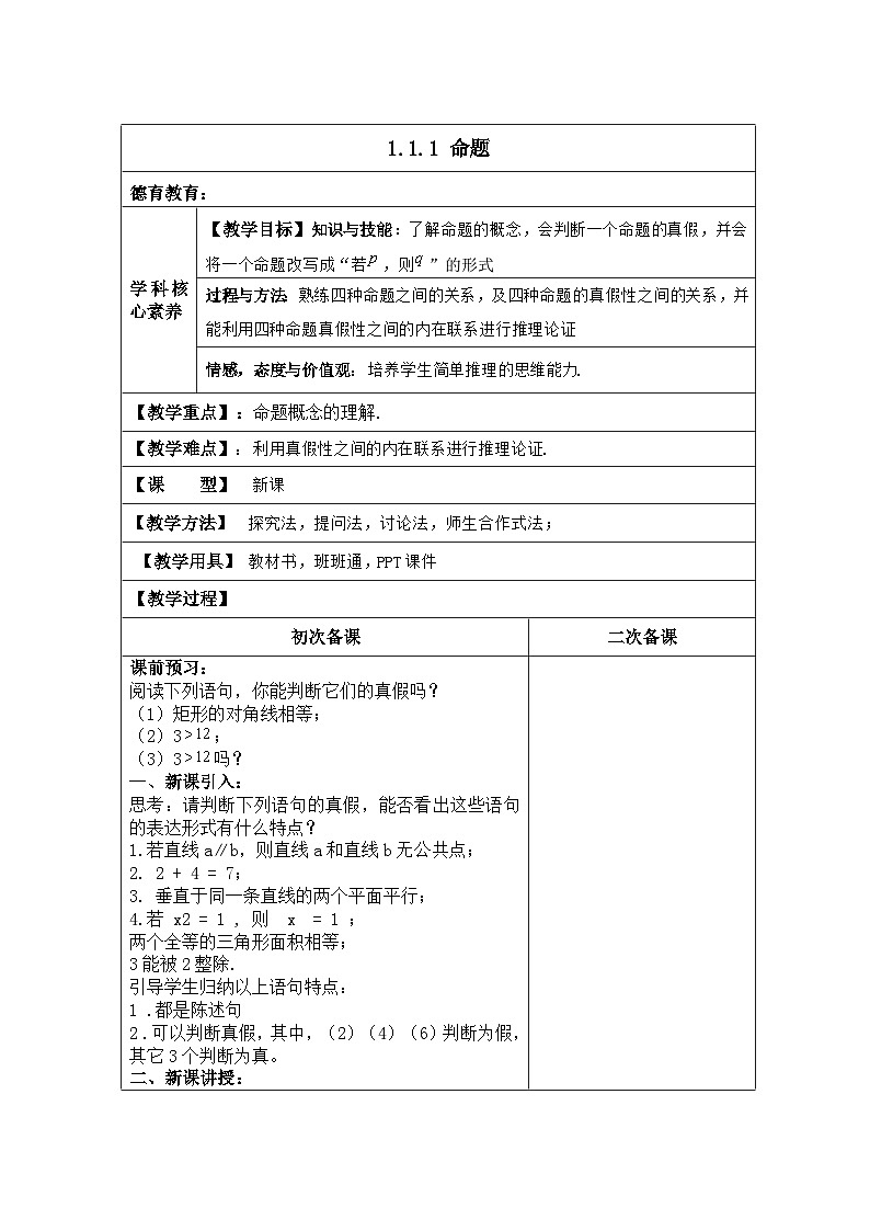 高中数学人教版新课标A选修2-1 第一章常用逻辑用语1.1命题及其关系1.1.1 命题【教案】第1页