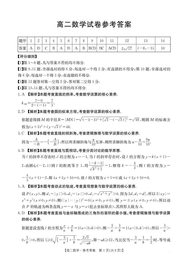 河南金太阳大联考2025-2026学年高二上学期10月联考+数学答案第1页