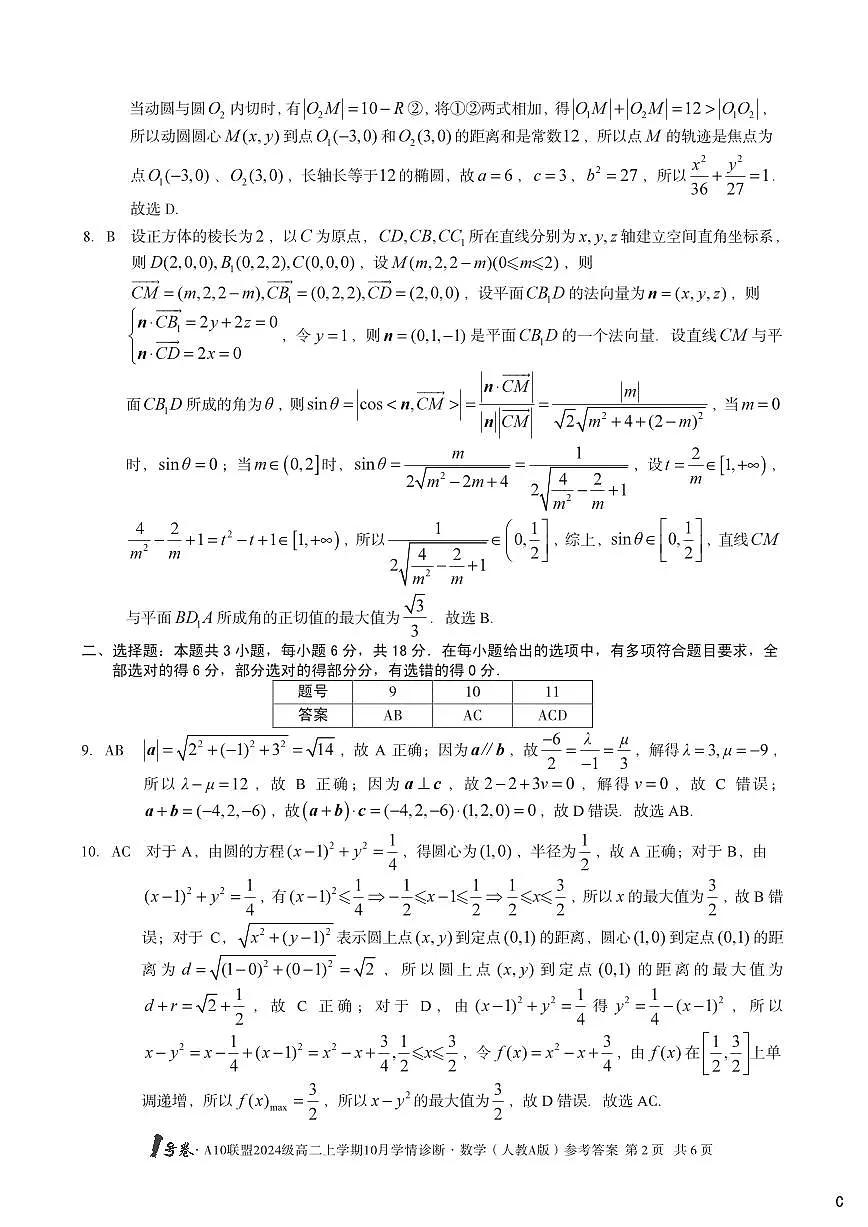 【数学(人教A版)】(C卷)1号卷·A10联盟2024级高二上学期10月学情诊断数学(人教A版)答案C第2页